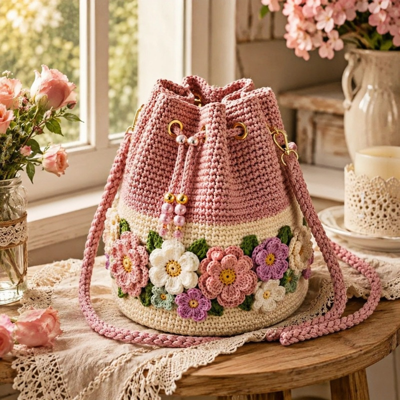 Handmade Crochet Bucket Bag Fl - Crochet Market Bag 评论和价格